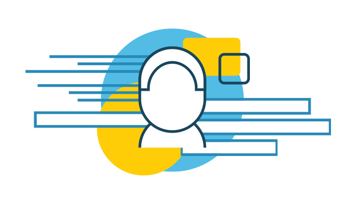 Abstract illustration of a person with simplified facial features. They are surrounded by blue and yellow geometric shapes and lines, suggesting speed or motion akin to clockwork. The design is minimalistic and modern, capturing the essence of seamless precision.