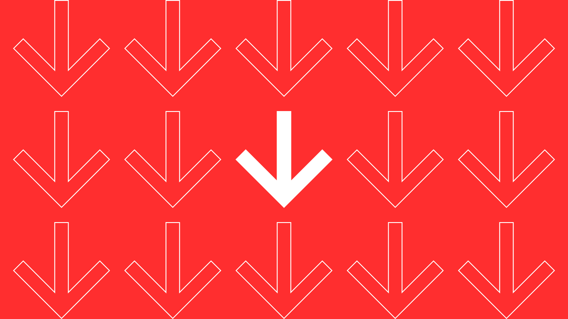 A pattern of white downward arrows on a red background resembles elements of experience design. The central arrow is bolder, drawing attention. The arrows are evenly spaced in a grid layout, reflecting a uniform and repetitive design.
