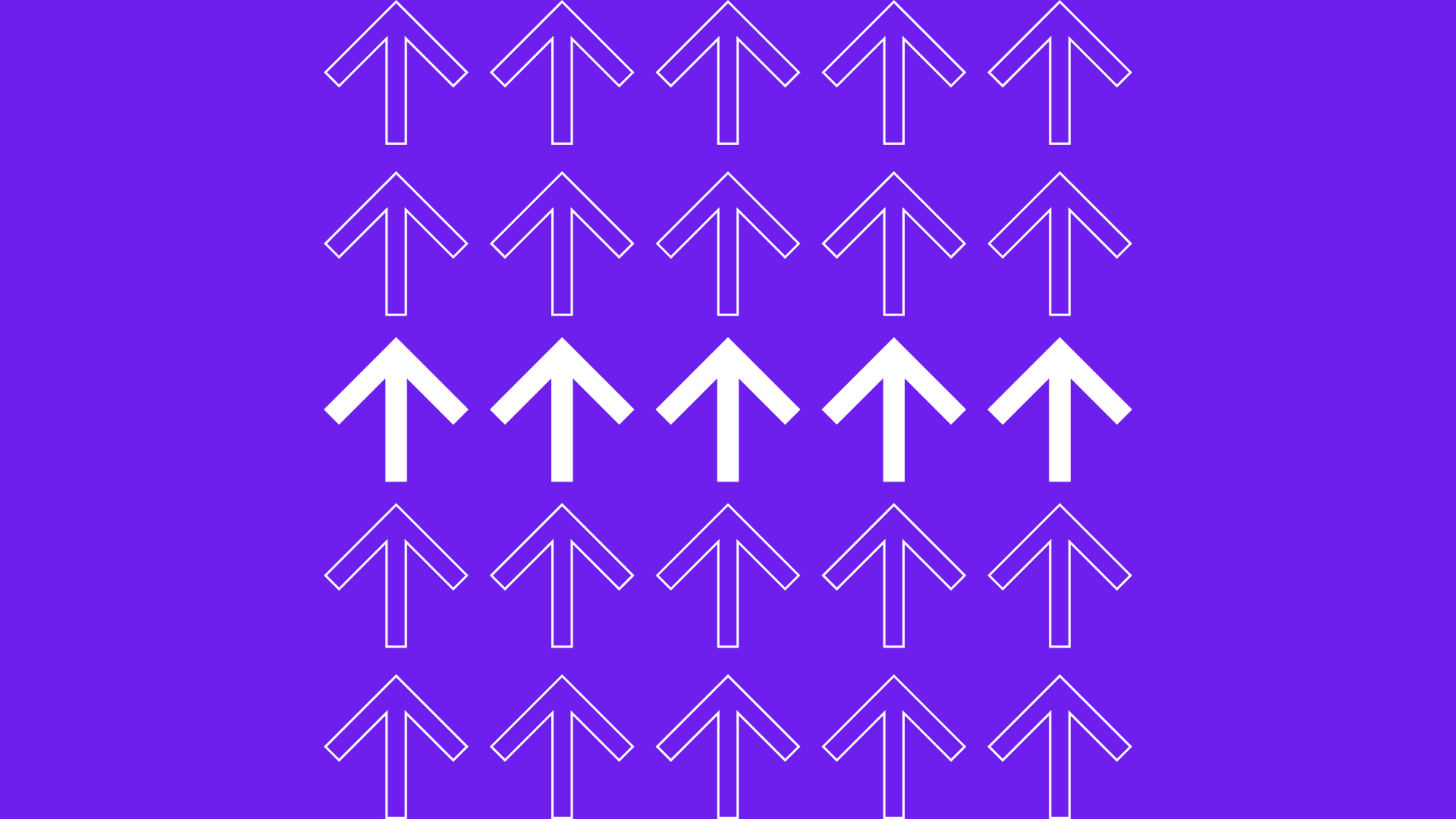 A grid of upward-facing arrows on a purple background evokes a sense of clockwork precision. Three rows feature white-outlined arrows, while the middle row stands bold in solid white, reflecting an experience design that draws the eye.