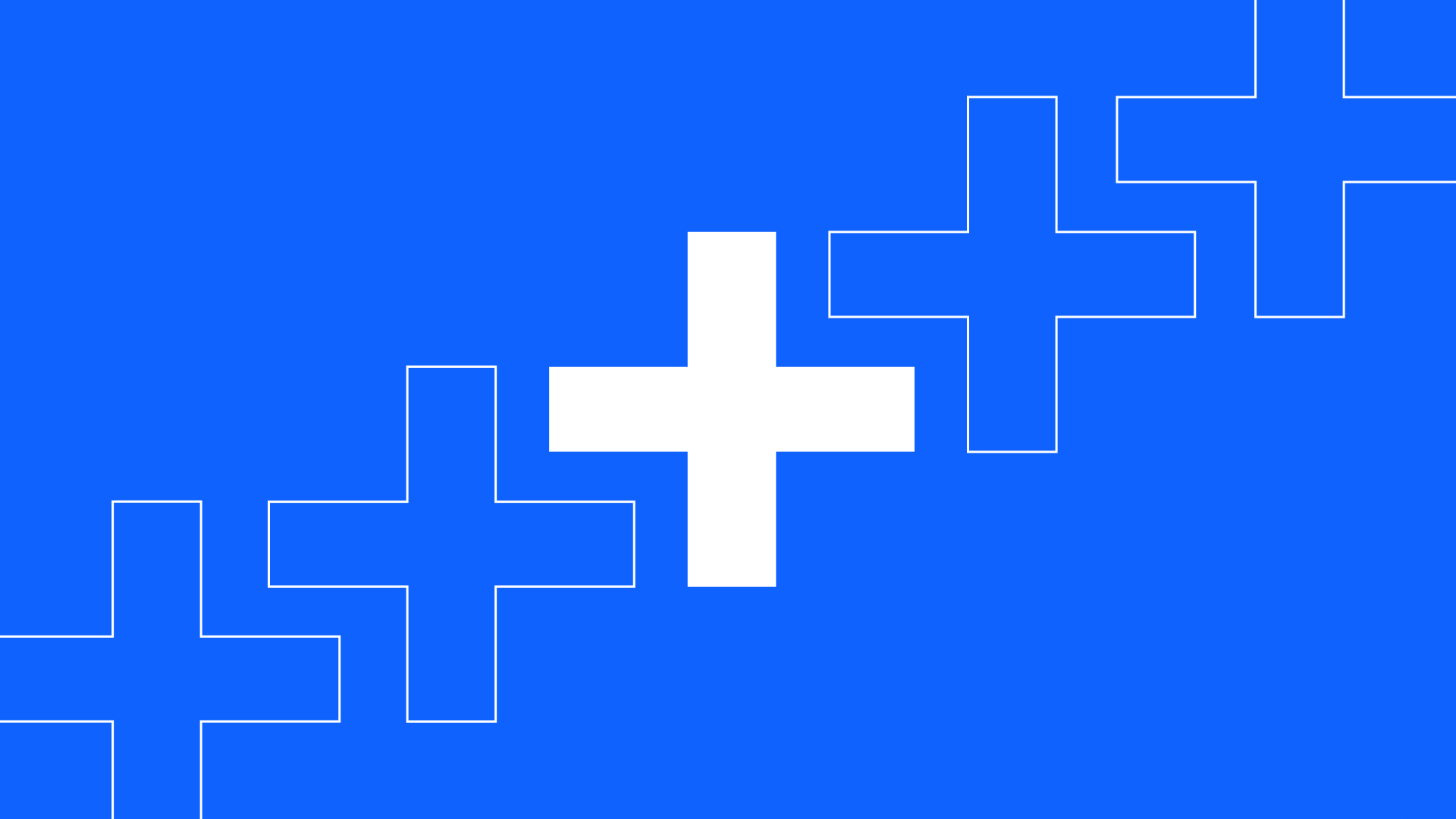 A bright blue background showcases a clockwork of five overlapping white plus signs, varying in size and arranged in an ascending pattern from left to right. Each plus sign crafts a geometric design reminiscent of custom software precision against the solid backdrop.