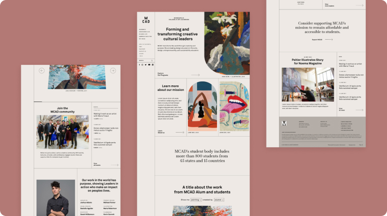 Three mobile web page designs act as a digital solution showcasing creative content. The pages display various images and text, such as artwork, a group photo, and articles about art and education. A diverse range of artistic styles and layouts are featured across the seamless customer experience.