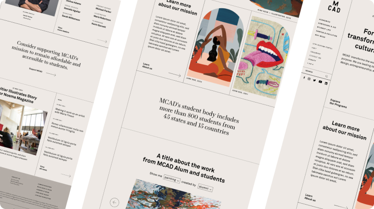 A split-screen image showcasing three webpages from the Minneapolis College of Art and Design. Each page features text and colorful illustrations, enhancing user experience while highlighting the schools mission, student body diversity, and stories about alumni and students.