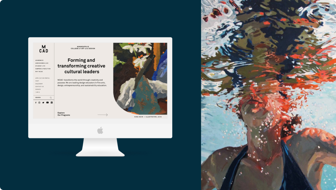 A split image displays a computer on the left with a website for MCAD, showcasing digital solutions for creative cultural leaders. On the right, a painting of a person swimming underwater captures distorted reflections and bubbles in an exquisite experience design.
