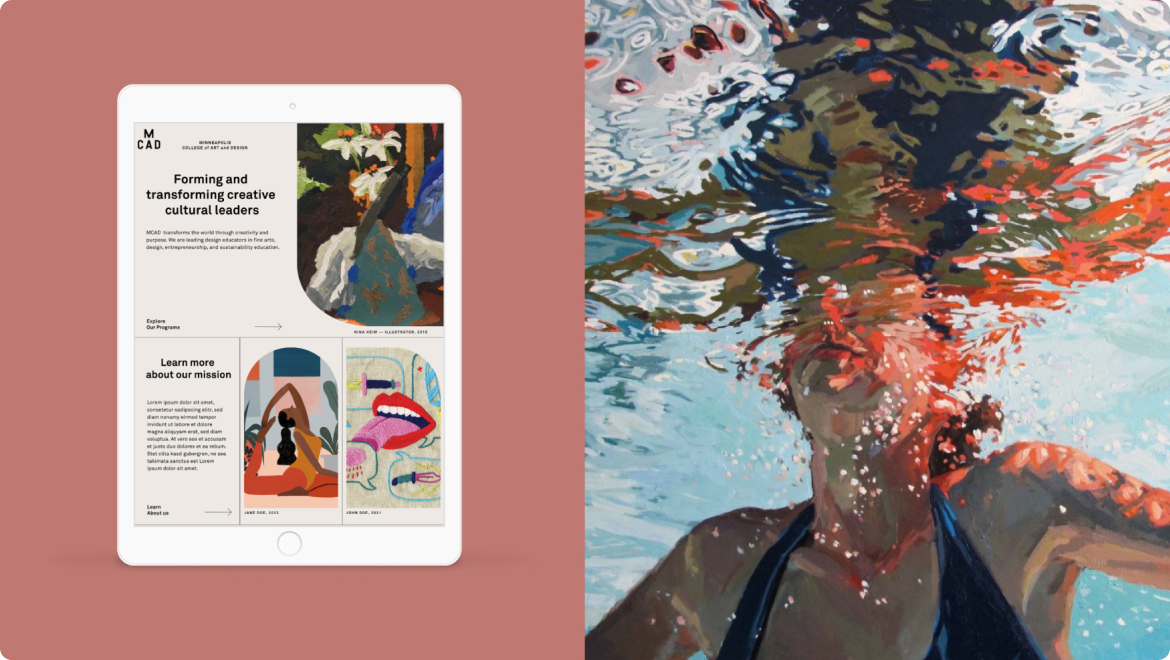 A split image displays a computer on the left with a website for MCAD, showcasing digital solutions for creative cultural leaders. On the right, a painting of a person swimming underwater captures distorted reflections and bubbles in an exquisite experience design.