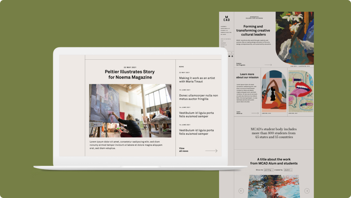 A laptop displaying a digital magazine layout against a green backdrop showcases an article titled Petitier Illustrates Story for Noema Magazine. Enhanced by custom software, the screen features additional images and text excerpts on the right, elevating user experience with its elegant design.
