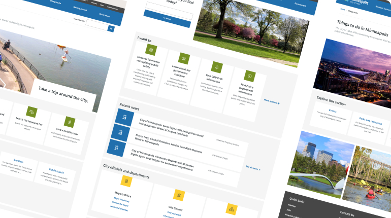 A webpage layout featuring sections for city updates, recent events, and city officials works like clockwork. Images of parks and city landmarks are displayed. Navigation menus include Things to Do and other city-related links, enhancing the digital solution for an improved customer experience.