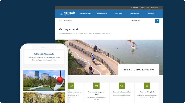 A desktop screen displays the Minneapolis website, featuring custom software design that showcases a riverside path with cyclists and pedestrians. A phone screen highlights the city’s skyline and a sculpture. Both screens enhance the user experience with intuitive navigation options and city information.