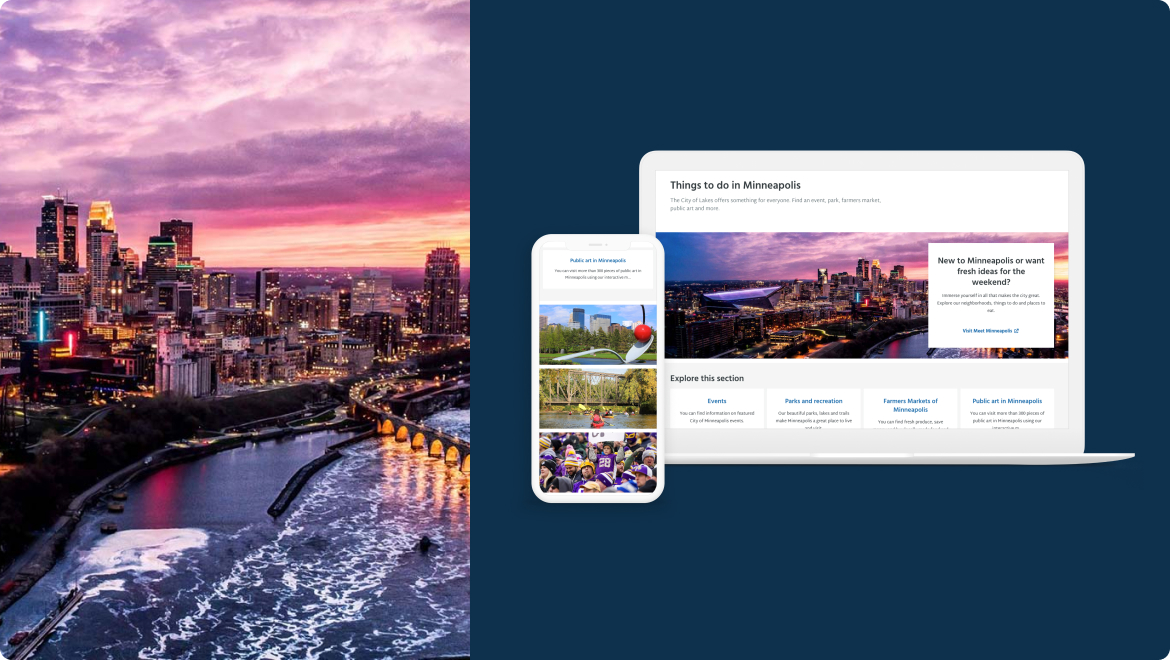 Minneapolis at dusk reveals a stunning cityscape with a river and illuminated bridge on the left. On the right, a computer and smartphone showcase a Clockwork-designed website about things to do in the city, merging sleek experience design with engaging images and text sections.
