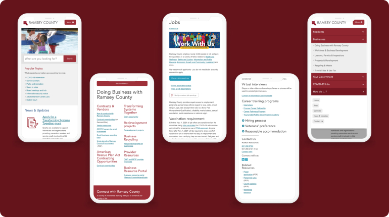 Five smartphone screens showcase Ramsey County webpages, featuring popular topics, business resources, job openings, and virtual interviews. This digital solution enhances customer experience against a backdrop of dark red.