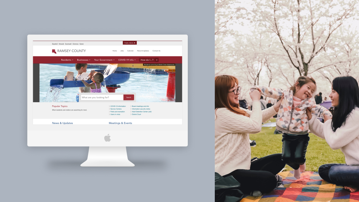 Split image: Left side shows a computer screen showcasing a swimming pool-themed website, highlighting expert user experience design. Right side features two women sitting on grass under cherry blossoms, helping a smiling child balance on a blanket.