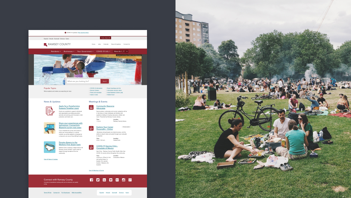 Split image: Left side features a Ramsey County webpage with a maroon header, enhancing user experience with intuitive links. Right side reveals a sunny park scene, where people enjoy picnics among trees and bicycles, showcasing the harmony of design and nature.
