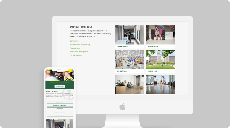 A desktop monitor and smartphone showcasing the What We Do section of a website by Clockwork. The screens illustrate categories like Healthcare, Hospitality, Industrial, and Mixed-Use with images, providing an intuitive user experience through this seamless digital solution.