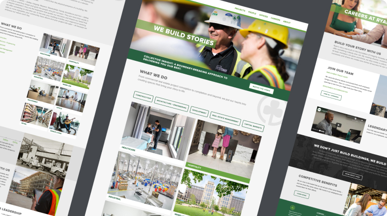 Three web pages displayed on a screen feature a construction company with a focus on seamless user experience. Pages include sections like We Build Stories, What We Do, and Careers. Images show workers, buildings, and offices in dominant green and white hues.