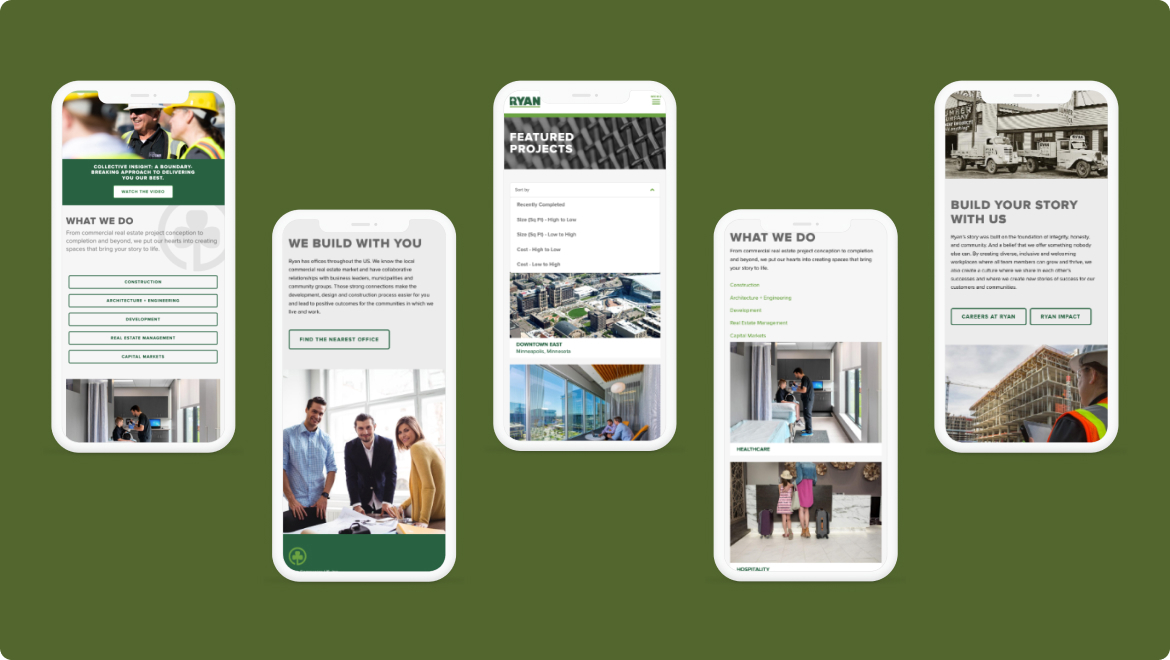 Five smartphones displaying different pages of a construction companys website highlight the seamless user experience. Screens showcase services, projects, a welcome message with two people, and images of buildings, all set against a green background.