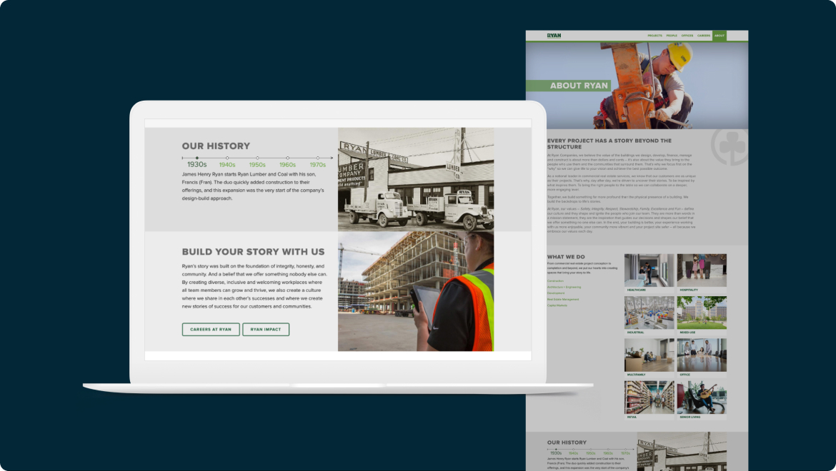 A laptop screen displays a website featuring company history and careers. The sleek design showcases images of construction and project details, emphasizing custom software solutions. A small sidebar highlights a worker in a hard hat, enhancing the customer experience with engaging visuals.