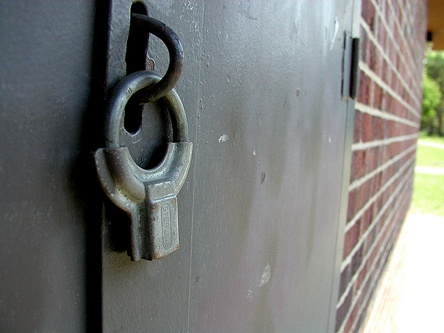 A close-up of a gray metal padlock hanging on a weathered door, reminiscent of custom software in its precision. The door belongs to a brick building, with red bricks visible on the right, while the background softly showcases a grassy area.