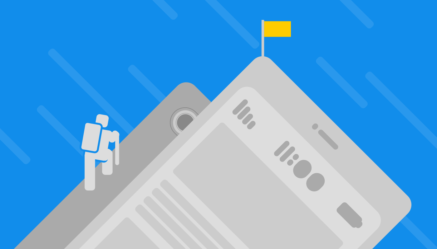 Illustration of a person icon climbing a steep, mountain-like smartphone with a yellow flag at the peak, set against a blue background with diagonal lines, symbolizing progress in user experience or achievement through custom software.