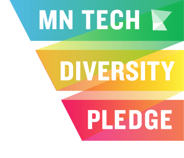 The MN Tech Diversity Pledge logo features layered ribbons in blue, green, yellow, and red, symbolizing a commitment to enhancing user experience through diverse digital solutions.