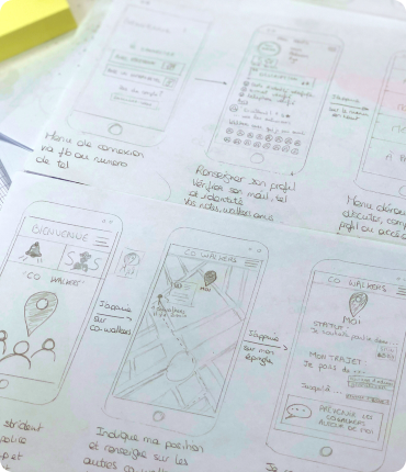 Hand-drawn sketches of a mobile app interface on paper illustrate an intuitive user experience. The drawings feature mobile screens with maps, user profiles, and welcome messages. Annotations and notes are written in French around the designs, enriching this thoughtful experience design.