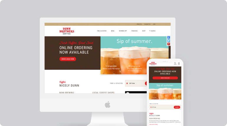 A computer and smartphone display the Dunn Brothers Coffee website, showcasing their summer drinks with the tagline Sip of Summer. Offering a seamless online ordering experience, this digital solution enhances customer experience with intuitive navigation elements.