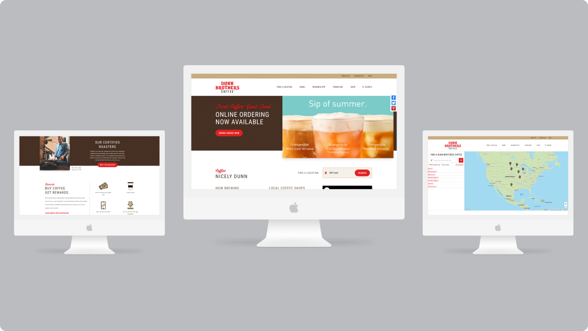 Three computer screens showcase a well-crafted digital solution: one displaying business information, another presenting an online ordering prompt with various drinks, and the third featuring a location map. The backdrop is elegantly gray.
