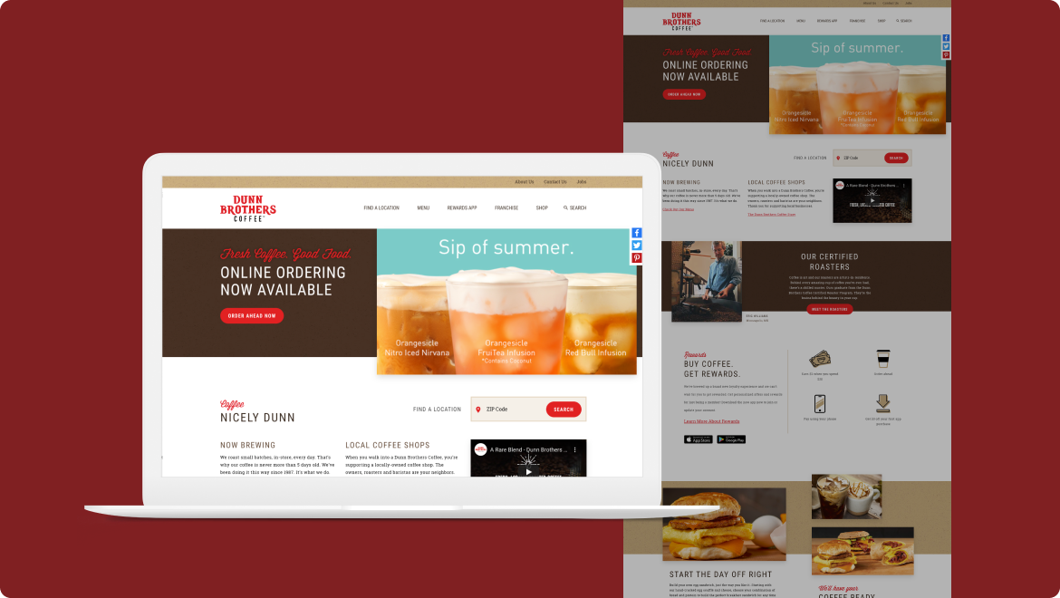 A laptop displaying the Dunn Brothers Coffee website on a red background showcases a seamless user experience. The site, featuring iced coffee images and rewards info, has an orange Order Now button, highlighting online ordering and a summer coffee promotion as part of its digital solution.