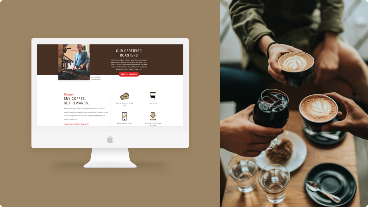 An image shows a computer screen with a coffee companys website on the left, showcasing their digital solution to enhance customer experience, while on the right, two people enjoy coffee and pastries over a table.