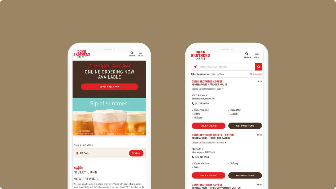 Two mobile screens display the intuitive Dunn Brothers Coffee app interface, enhancing customer experience with vibrant drink images, seamless online ordering options, and a store locator packed with contact info and directions. The custom software is set against a rich brown backdrop.