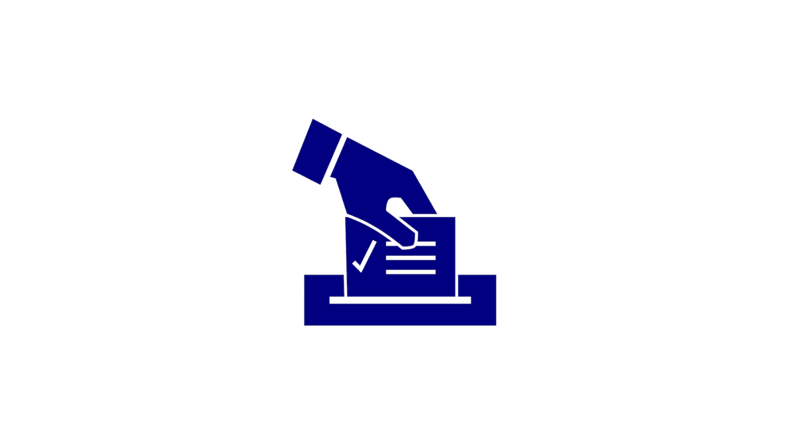 Icon of a hand placing a ballot into a box, symbolizing voting or an election. The ballot, featuring a checkmark, reflects a clear choice. This experience design is in a simple blue on white, much like selecting the perfect custom software for your digital solution needs.