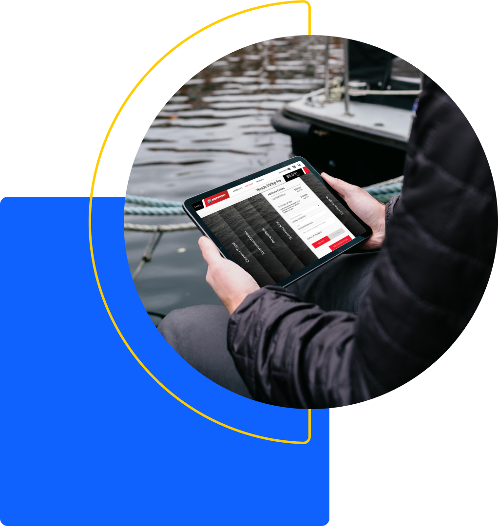 Overlapping shapes in yellow and blue create a backdrop for an image of a person holding a tablet while seated close to a body water