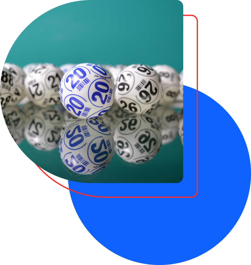 Closeup image of numbered lottery balls on a teal background layered over red and blue graphic shapes