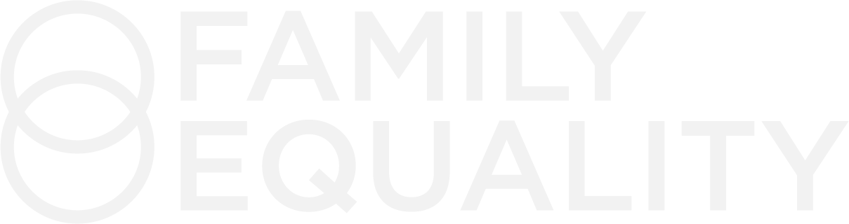 Logo of Family Equality, featuring two interlocking circle designs reminiscent of clockwork, followed by the words Family Equality in a bold, modern font. The overall color scheme is white on a transparent background, reflecting its sleek digital solution approach.