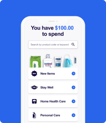 A smartphone screen showcases a health and wellness shopping app, enhanced by custom software. It displays a budget of $100.00, with a seamless user experience featuring a search bar and categories like New Items, Stay Well, Home Health Care, and Personal Care.