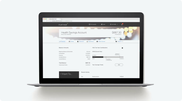 A laptop showcasing a Health Savings Account webpage with a balance of $687.30 highlights seamless customer experience design. The page details current elections, contributions, and recent activity, all set against a subtly blurred browser background for enhanced focus.