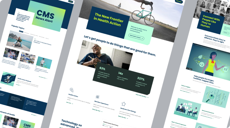 A digital mockup featuring three different web pages showcases a seamless user experience. The pages include sections for news alerts, health action, and connecting with people, displaying articles, illustrations, and statistics that blend health with cutting-edge technology.