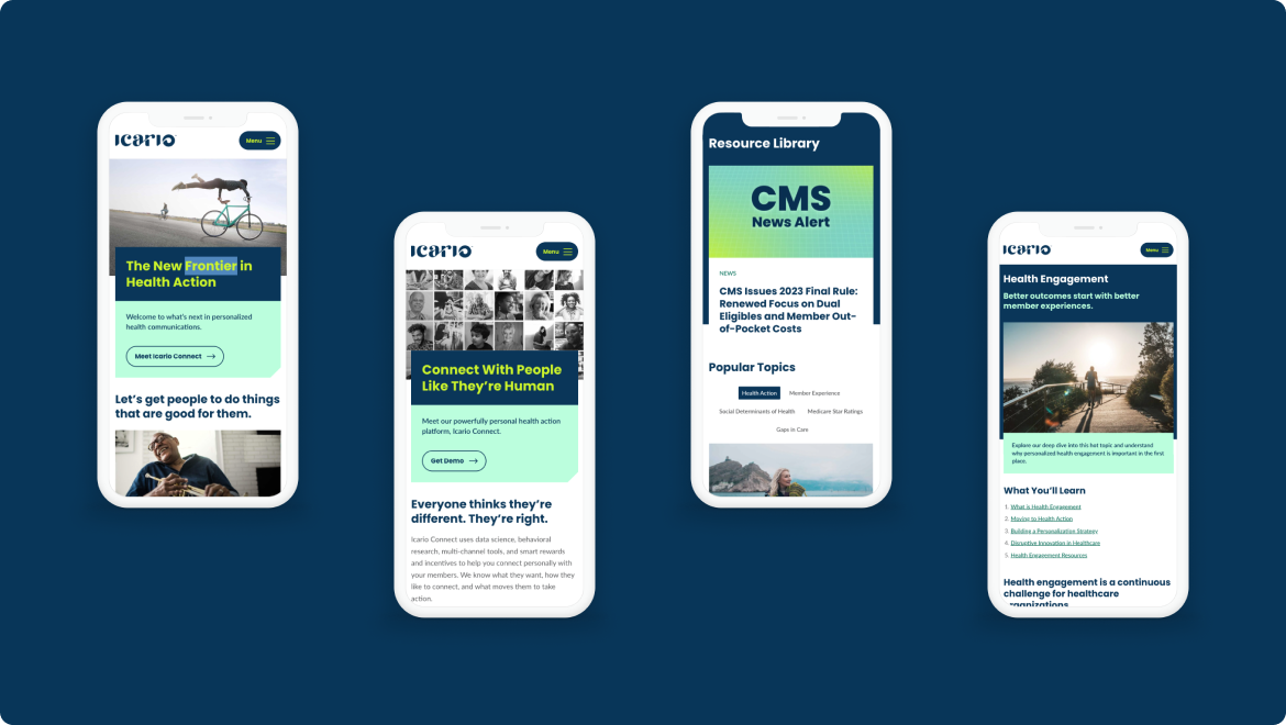 Four smartphones showcase a health-themed website, highlighting experience design in every detail. The screens reveal headlines, images, and buttons for engaging with health actions, connecting socially, exploring a resource library, and enhancing customer experience through health engagement.