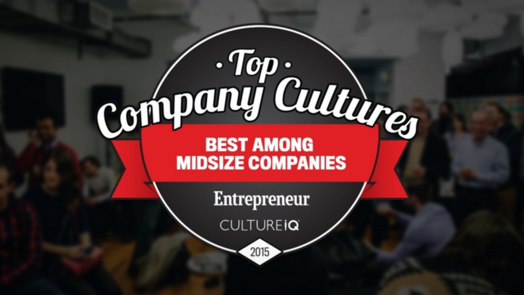 Badge design highlighting Top Company Cultures and Best Among Midsize Companies, set against a blurred gathering in a modern office space. The badge features Clockwork and Entrepreneur CultureIQ 2015 at the bottom, symbolizing innovative experience design.