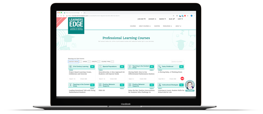 A laptop displaying the Learners Edge website reveals a thoughtfully crafted digital solution. The page showcases a menu and various professional learning courses, each with an icon and title, such as DIY Crafty Learning and Special Populations. A banner adorned with graduation cap graphics graces the top.