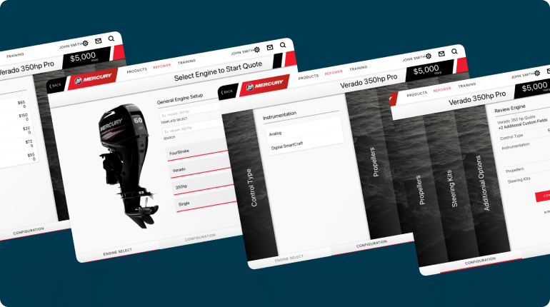 A digital solution featuring a quoting system for the Verado 350hp Pro engine. The interface highlights experience design with configuration options, pricing details, and setup stages on a dark blue background to enhance customer experience.
