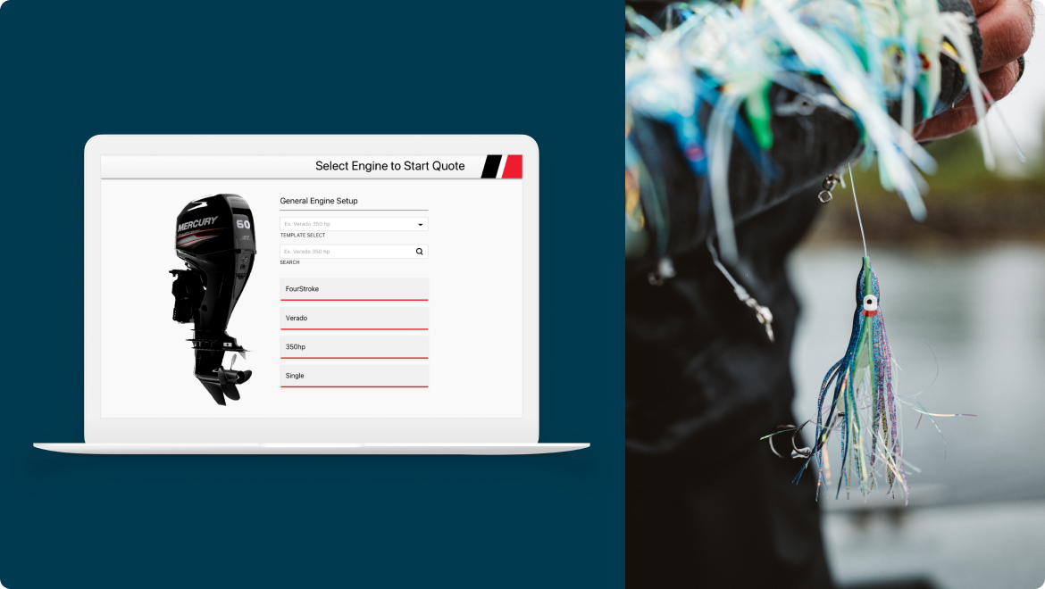 Split image: Left side features a laptop displaying a digital solution for outboard engine selection. Right side highlights a hand holding a fishing lure with colorful strands, showcasing the seamless experience design of choosing the perfect gear.