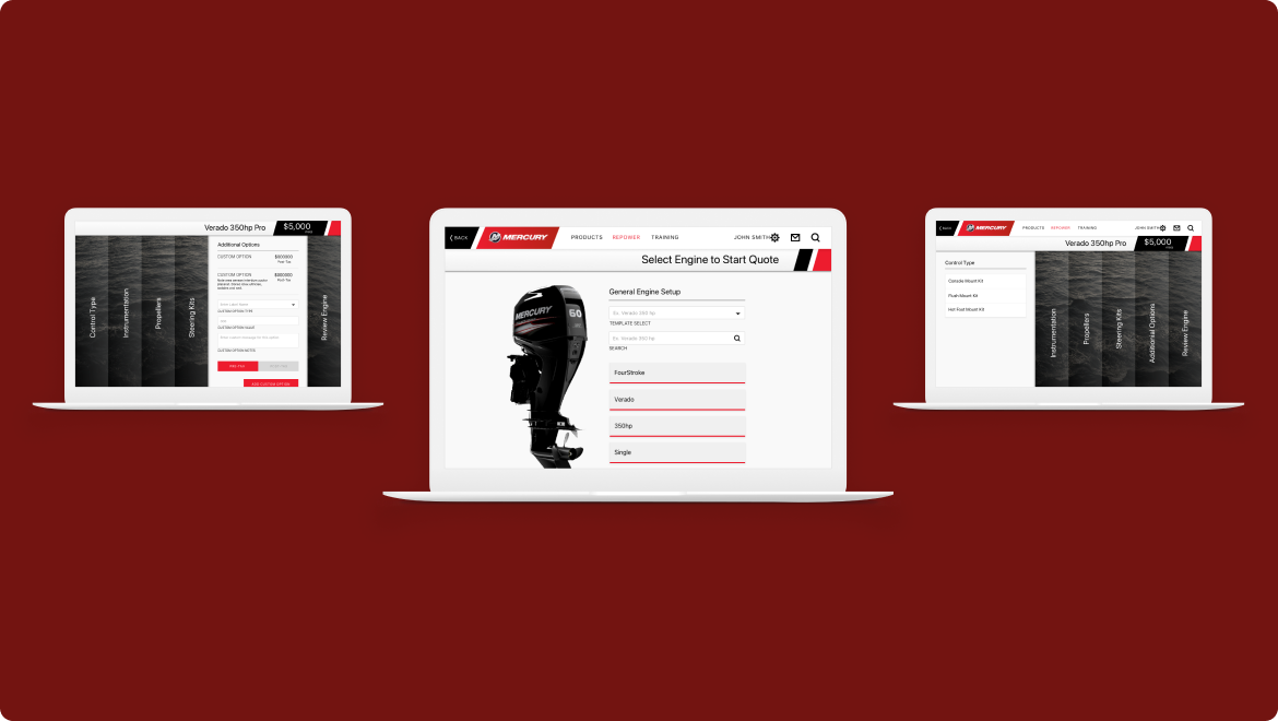 Three laptops display a websites design on a red background, showcasing custom software for selecting and quoting engines. The user experience is enhanced with a black, white, and red color scheme, offering intuitive menus and options that elevate the customer experience.