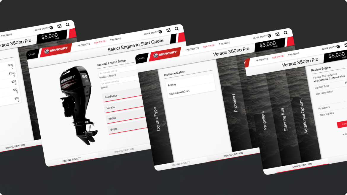 Immerse in a seamless experience design with our digital interface for selecting outboard engines. Explore the expertly crafted options, specifications, and pricing, including the featured Verado 350hp Pro engine. Navigate effortlessly through tabs for products, services, and more details.