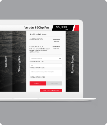 A laptop screen showcases a webpage interface for customizing a Verado 350hp Pro engine, highlighting an experience design that enhances sales enablement, field rep capabilities, and customer experience. The page presents options for personalization and adding labels, with transparent pre-tax and post-tax pricing.
