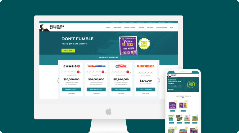 Computer and smartphone screens showcase the Minnesota Lottery website as a digital solution. The interface, with its white, teal, and yellow theme, displays lottery jackpots, current winning numbers, and a 2nd Chance offer to enhance the customer experience with seamless navigation through various lottery features.