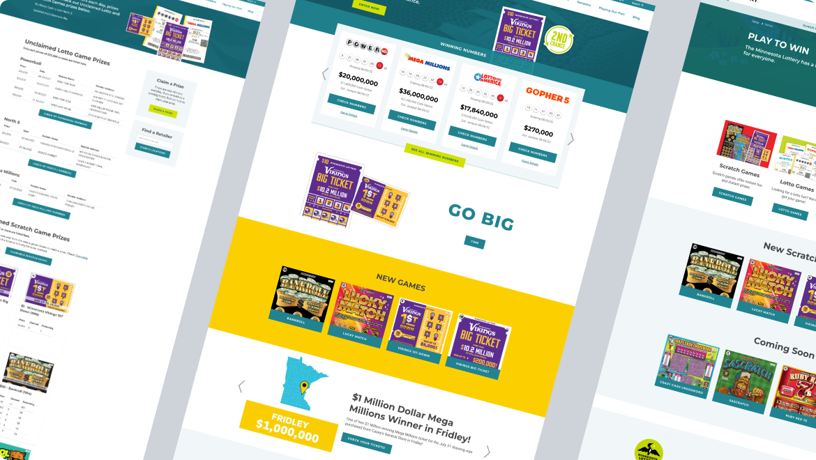 Discover a digital solution that showcases lottery information with vibrant colors and vivid ticket images. Explore game options, the Go Big section, featured games, and celebrate a $1 million winner in Fridley, MN. Crafted with experience design finesse by Clockwork.