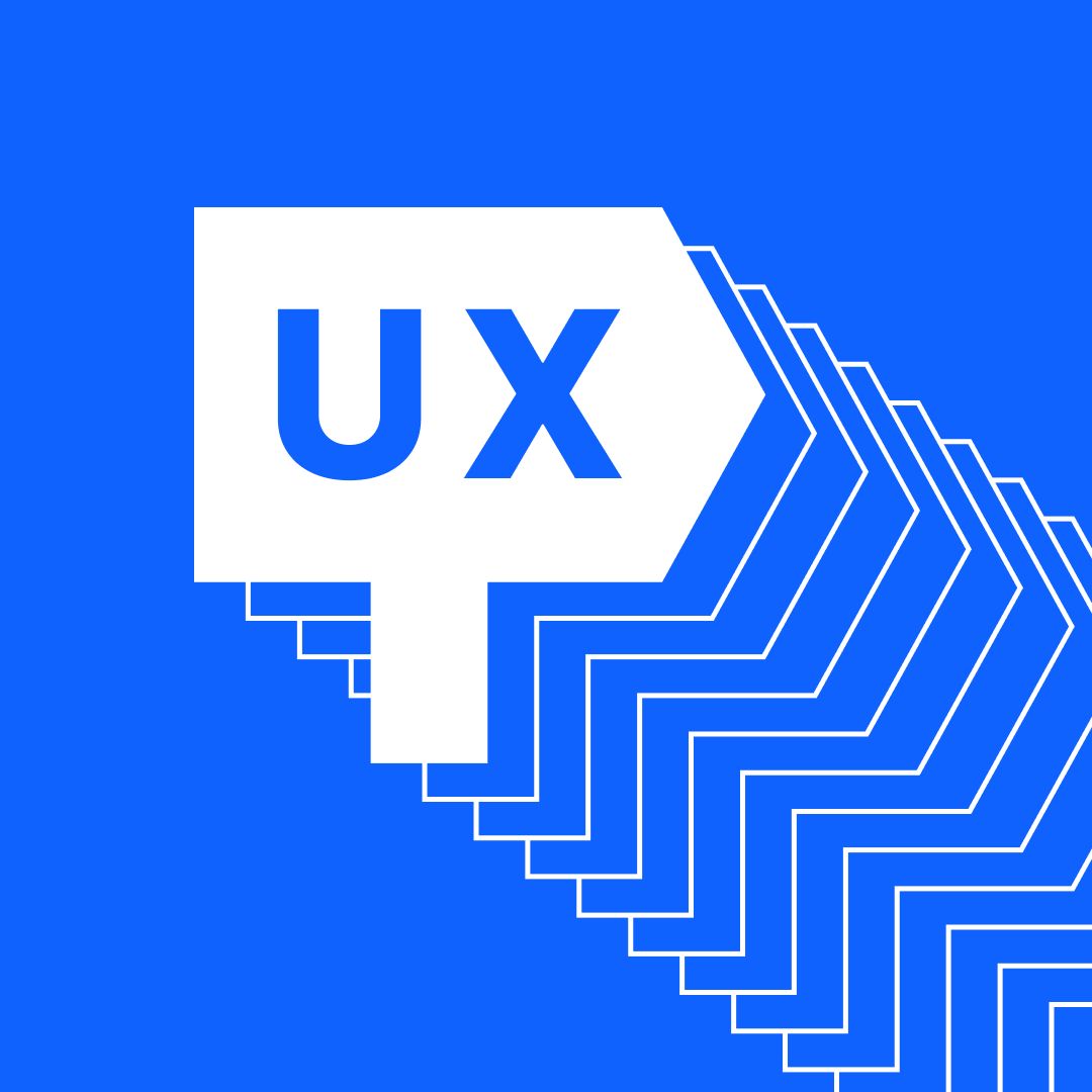 Stylized design featuring the letters UX inside a speech bubble on a blue background, reflecting user experience. The speech bubble is outlined multiple times, creating a layered geometric pattern.