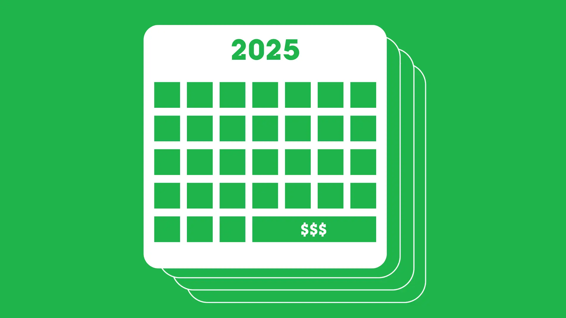 White calendar graphic on a solid green background with dollar signs. 2025 strategic budget planning for customer experience and digital innovation.