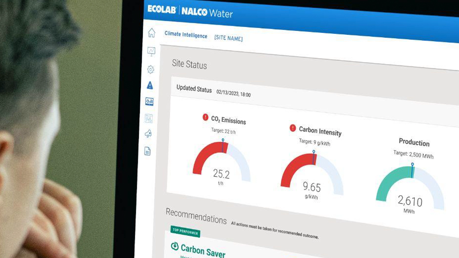 The outcome of our product development work for Ecolab: A dashboard view of the user experience for Ecolab's flagship climate SaaS.