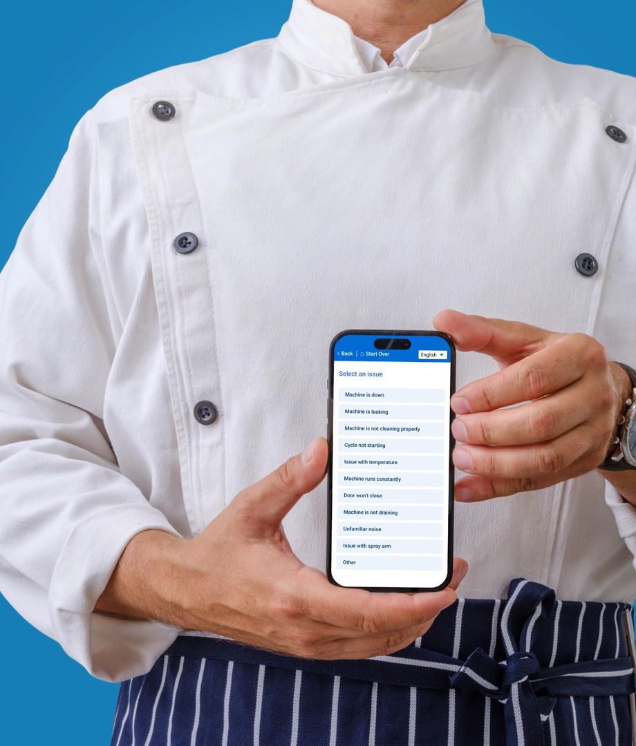Closeup of a person wearing chef attire and accessing product customer service support on a mobile device.